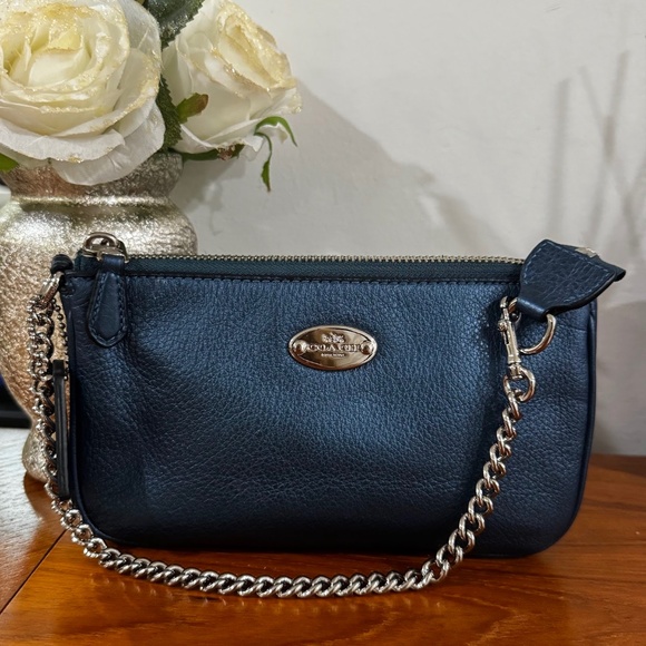 Coach F53340 Pebbled Leather Metallic Blue Large Wristlet/Convertible Mini Bag - Picture 4 of 11